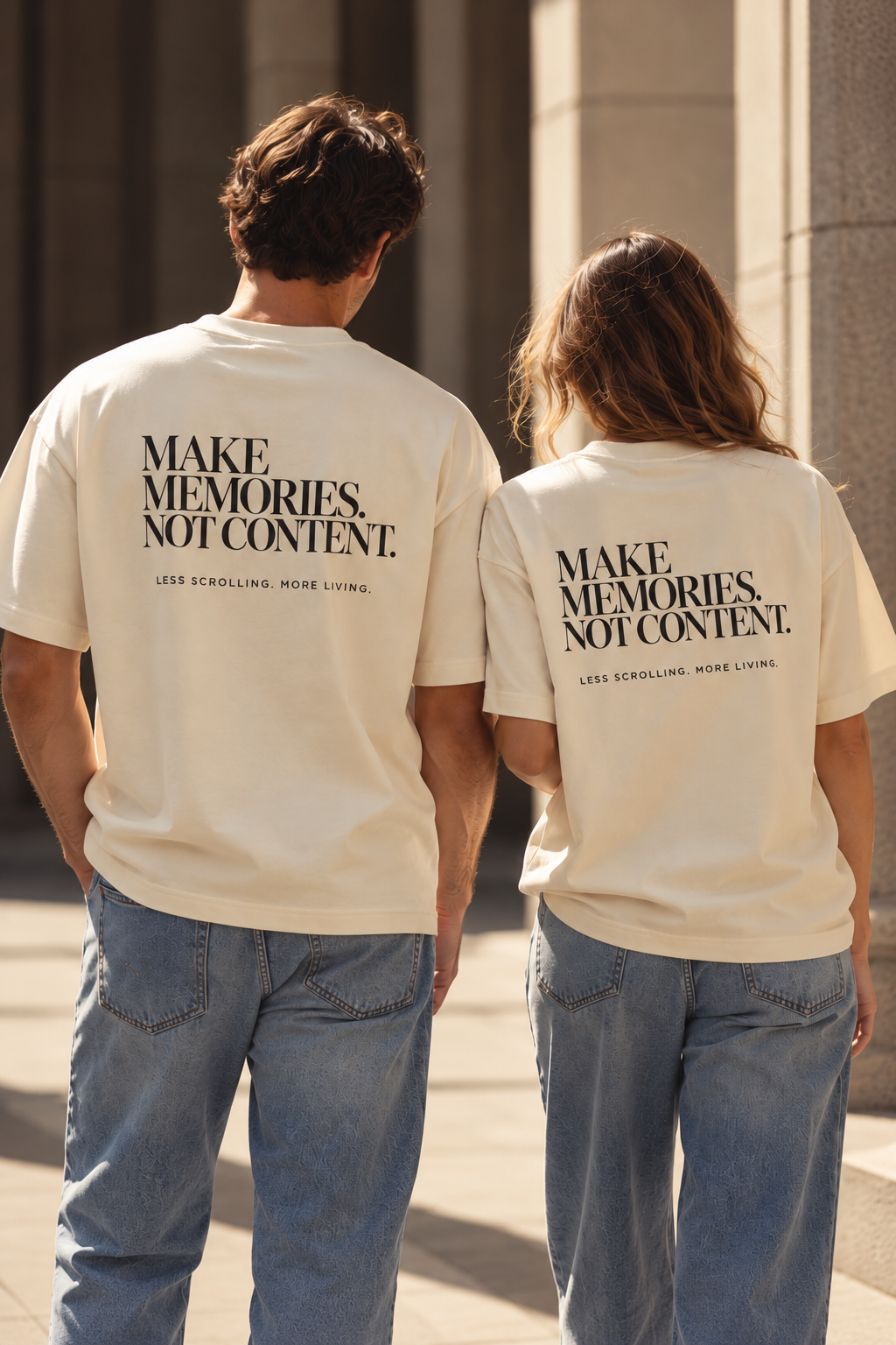 Cream OUTSIDE THE FEED T-shirt with MAKE MEMORIES. NOT CONTENT. printed on the back